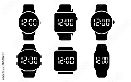Silhouette collection of digital watches displaying 12:00 in various modern shapes