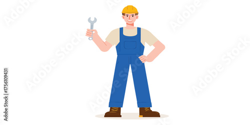 Construction worker holding a wrench, ready to repair and build