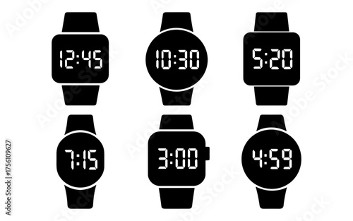 Minimalist digital watch faces collection displaying different time formats