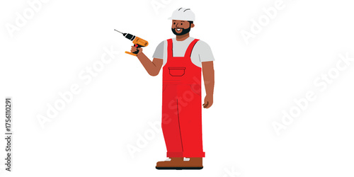 Skilled male construction worker in safety gear holding a power drill, a vector illustration of a dedicated professional ready for renovation