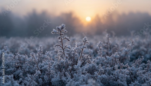 Plants coated with frost in a misty morning woodland during winter. Close-up shot with blurred background. Seasonal natural scenery