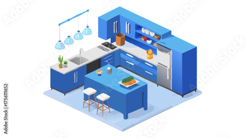 Modern isometric blue kitchen design with island and appliances
