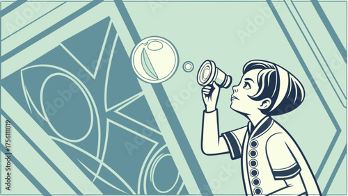 Curious young person observing upwards with a monocular device.