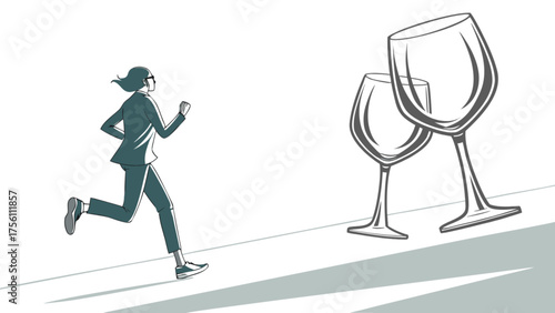 Business person runs uphill, choosing wellness over temptation.