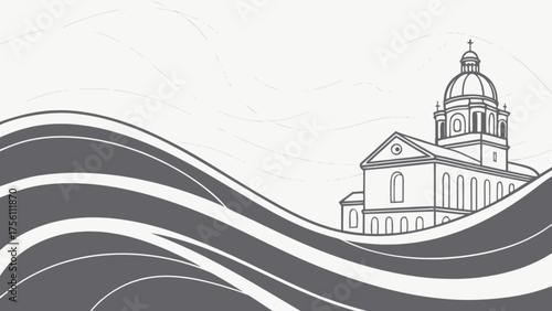 Stylized classical church illustration with abstract waves background.