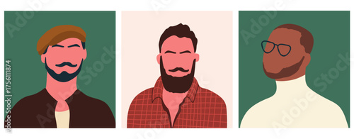 Abstract man portraits set. Faceless male character. Person poster, head avatar, hand drawn vector illustration.