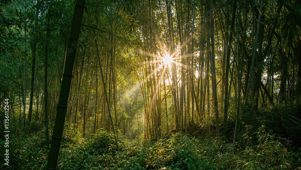 Obraz premium Sunlight filtering through a bamboo forest at dawn