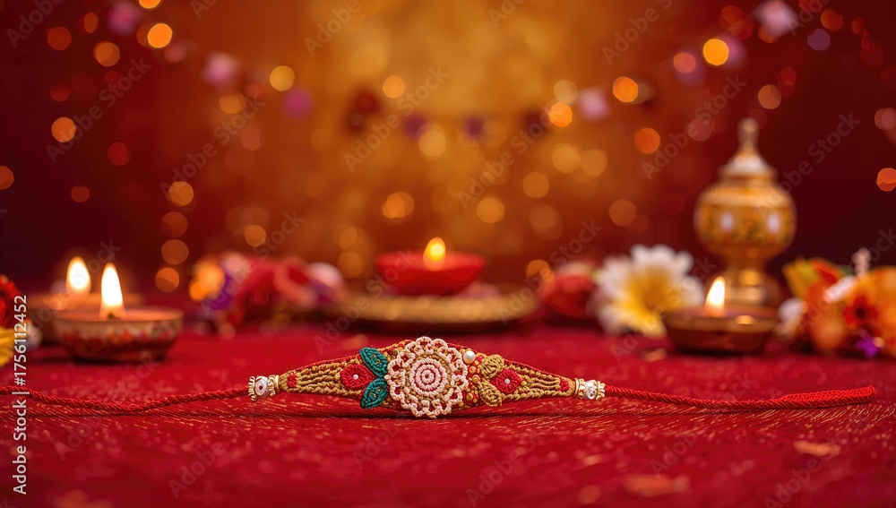 Fototapeta premium Exquisite handcrafted crochet thread symbolizing sibling bond for festive celebration, affection, and gift-giving with vibrant red hues