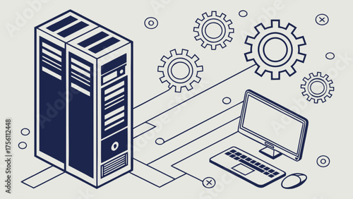 Isometric server racks with computer, gears, and connections