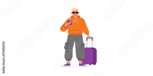 Traveler with Luggage and Smartphone Ready for Adventure