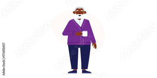 An elderly black man enjoys a warm drink in a flat vector