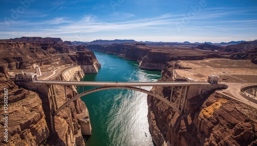 Bird's-eye view of a large dam and its adjoining reservoir