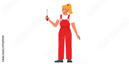 Confident Female Repair Worker in Overalls Holding Screwdriver, Ready for Home Improvement and Professional Maintenance Tasks