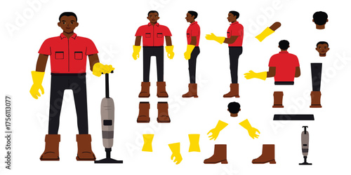 African American Male Cleaner Character Vector Illustration Set with Various Poses and Accessories for Design Projects