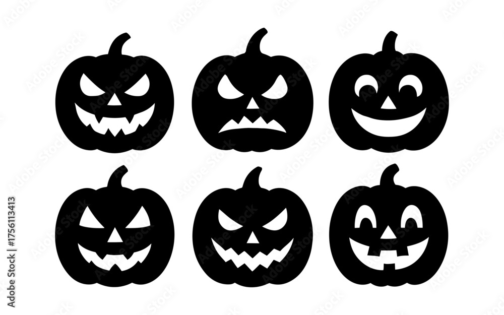 Fototapeta premium Set of spooky pumpkin silhouettes with variety of faces for halloween decorations