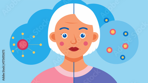 Antiaging Effects An illustration showing vibrant youthful skin on one side and aging skin on the other with exosomes bridging the gap indicating their rejuvenating effects.