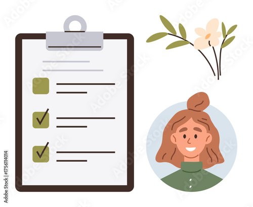 Clipboard with a completed checklist, smiling woman portrait, and floral decoration. Ideal for productivity, organization, planning, goal setting, personal growth, positivity simple flat metaphor