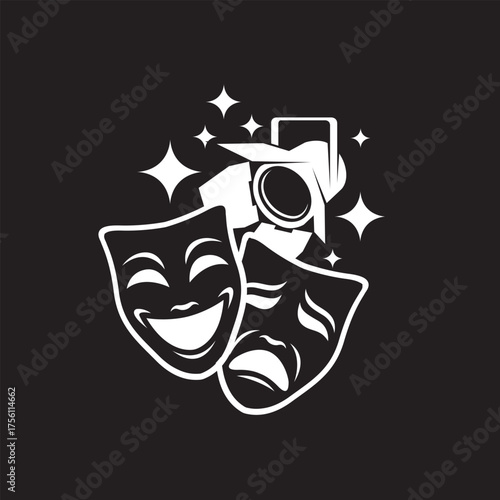 icon of comedy and tragedy theatrical masks with spotlight isolated on black background