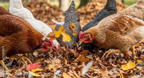 Chickens foraging in autumn leaves