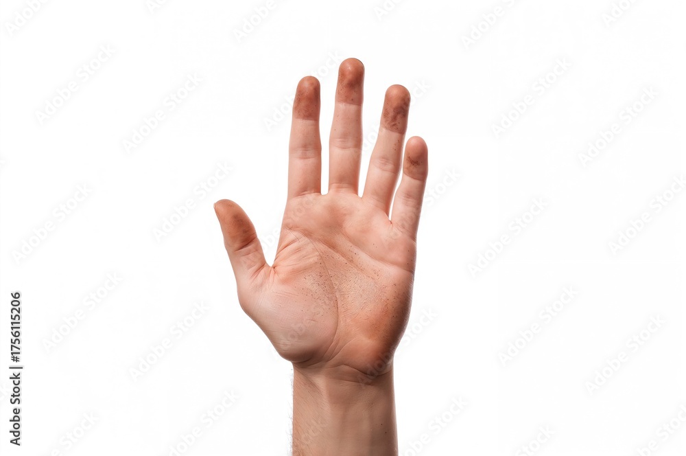 Naklejka premium Close-up of a man's soiled palms against a white backdrop with empty space