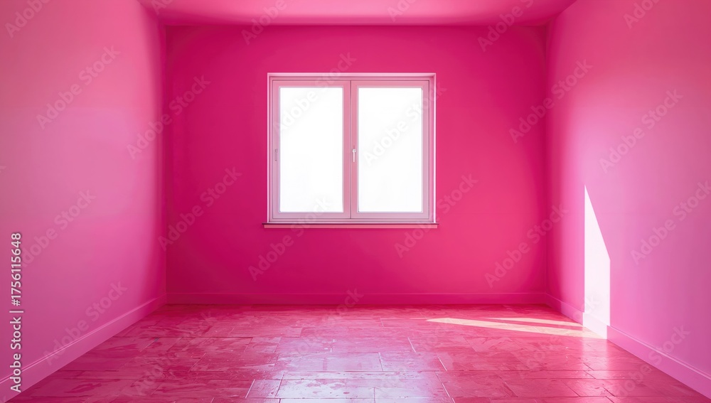 Fototapeta premium Empty space featuring pink walls, coordinating stone tile flooring, and a white aluminum window frame