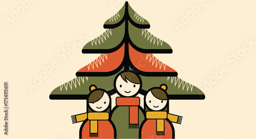 Simple Kids Illustration of Siblings Standing by a Stylized Christmas Tree