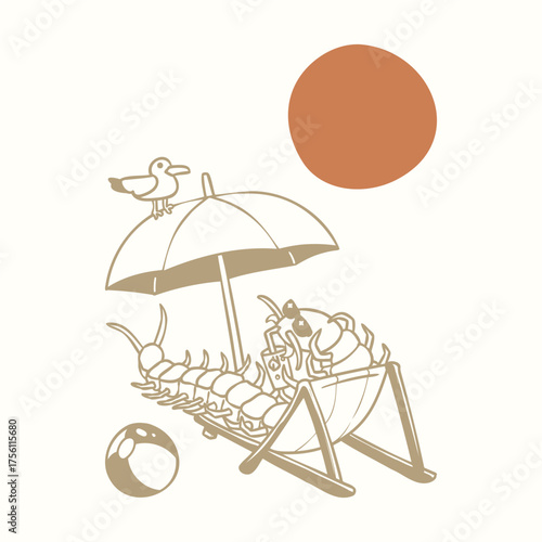 Centipede sunbathing and drink ice orange on chaise chair beach enjoy day off vacation simple boho outline style illustration design element for poster, event, community and social content