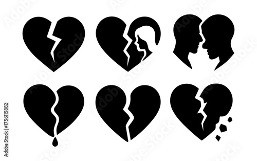 Silhouette heartbreak icons: diverse broken heart concept set in bold black style