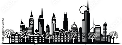 Black and white skyline silhouette with famous buildings and bare winter trees