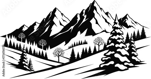 Snowy mountain range with pine trees in a black and white vector illustration