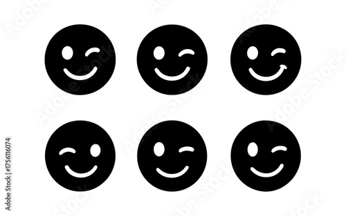 Happy winking face icons set in monochrome style