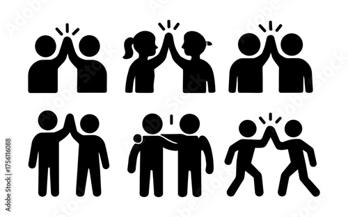 Diverse silhouette icons of people giving high fives in various poses