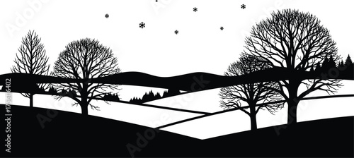 Winter landscape silhouette with bare trees and snow covered hills in monochrome