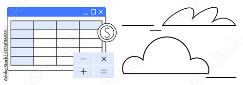 Spreadsheet window with rows, financial coin icon, calculator symbols, and cloud illustration. Ideal for finance, cloud technology, data management, productivity, accounting automation budgeting