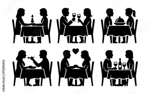 Romantic dinner silhouettes: couples dining at candlelit tables