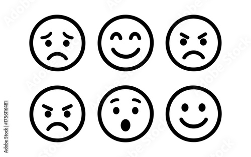 Simple outline icons of various facial expressions and emotions on white background