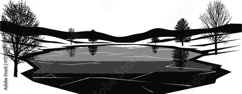 Black and white landscape of a frozen lake with trees and distant hills
