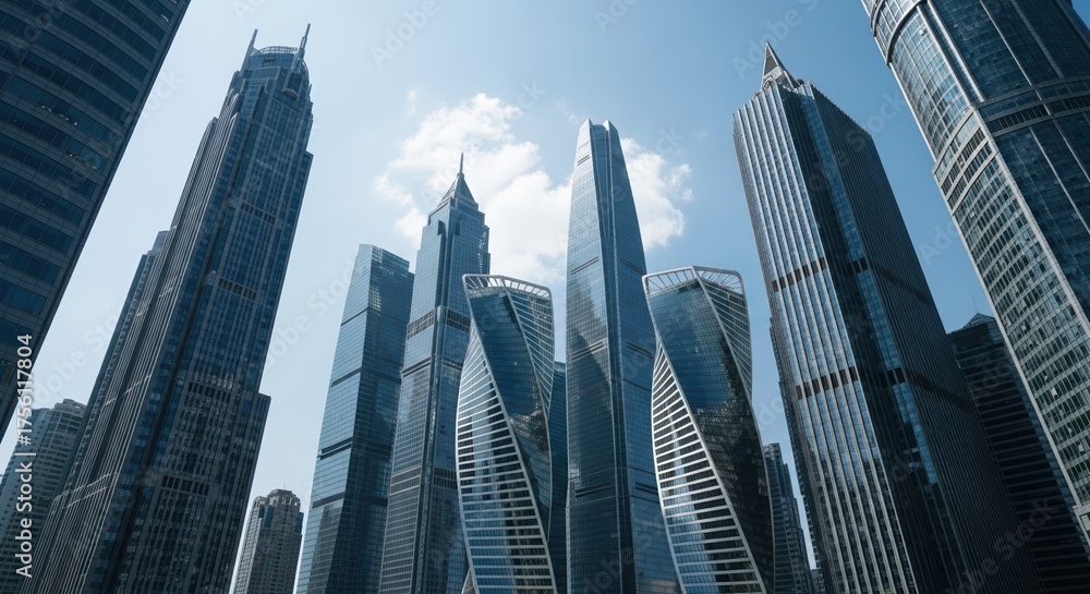 Fototapeta premium A Stunning View of Modern Skyscrapers Against a Clear Blue Sky in an Urban Landscape Featuring Architectural Marvels