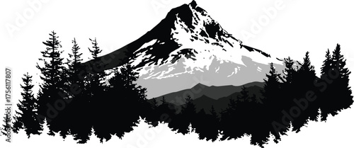 Black silhouette vector of Mount Hood in Oregon with layered mountain ridges