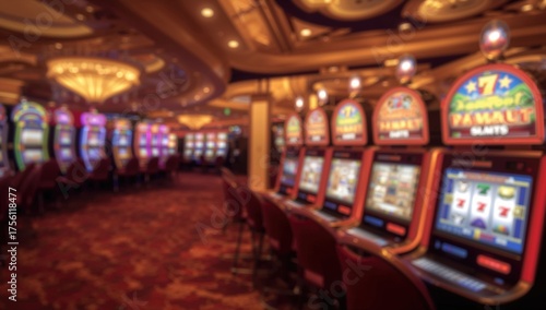 Blurred casino slot machines shining brightly in a vibrant gambling venue.