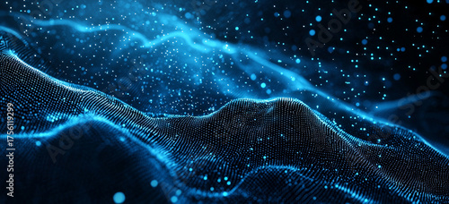 Abstract blue digital wave patterns with illuminated particles represent a futuristic data landscape, symbolizing connectivity and technological advancement.