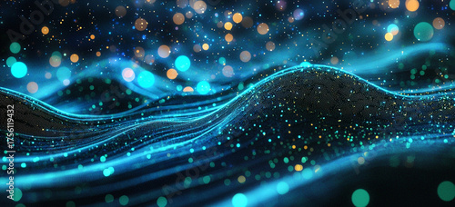 A mesmerizing abstract landscape of illuminated blue particle waves undulates gracefully beneath a starry bokeh sky.