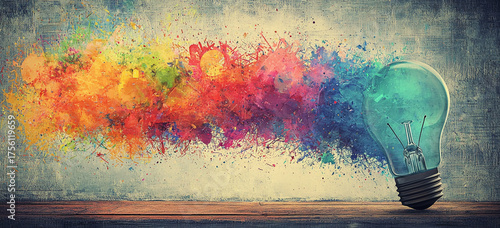 A vivid idea bursts forth from a light bulb, splashing a beautiful spectrum of colors onto a textured wall, symbolizing boundless creativity.