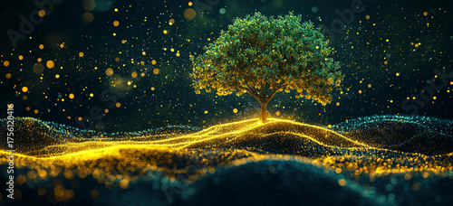 Data sensing from nature for understanding, Vibrant green leaves of a lone tree glow atop luminous golden waves, set against a dark, sparkling, ethereal landscape.