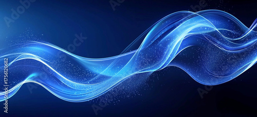 Abstract vibrant blue digital waves gracefully flow across a dark background, highlighted by numerous sparkling particles, creating a dynamic and ethereal visual.