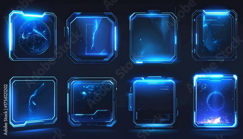 Futuristic blue digital interface elements. High-tech glowing HUD components and abstract display panels for technology, virtual reality, and science fiction concepts