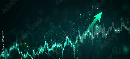 A vibrant digital graph prominently features an upward trending bright green arrow, symbolizing financial growth and positive market performance.