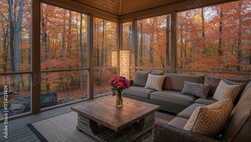 Comfortable enclosed patio featuring modern seating and a floral arrangement, surrounded by fall foliage and forest scenery.