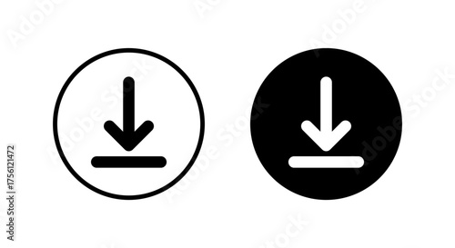 Download, save icon on black circle. Down arrow symbol