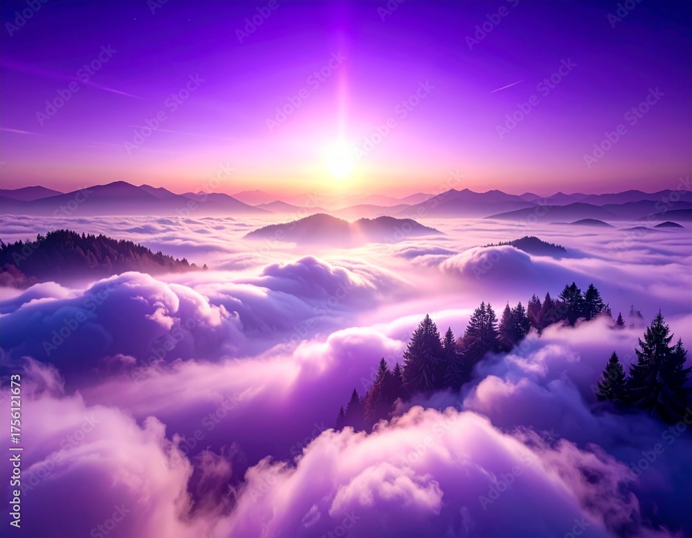Obraz premium Ethereal Cold Minimalist Digital Art Abstract Background Wallpaper Backlit Effect Drone View, presenting Dreamy Atmosphere Purple